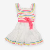 Woven Dress White, Colourful Wavy Strips and Pink 