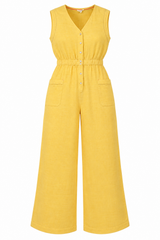 Jumpsuit Sleeveless Linen Blend Button Front Pocke