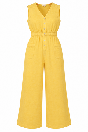 Jumpsuit Sleeveless Linen Blend Button Front Pocke
