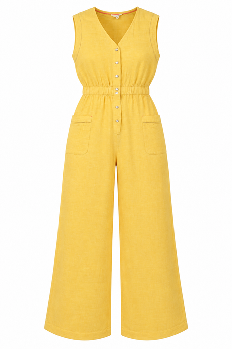 Jumpsuit Sleeveless Linen Blend Button Front Pocke