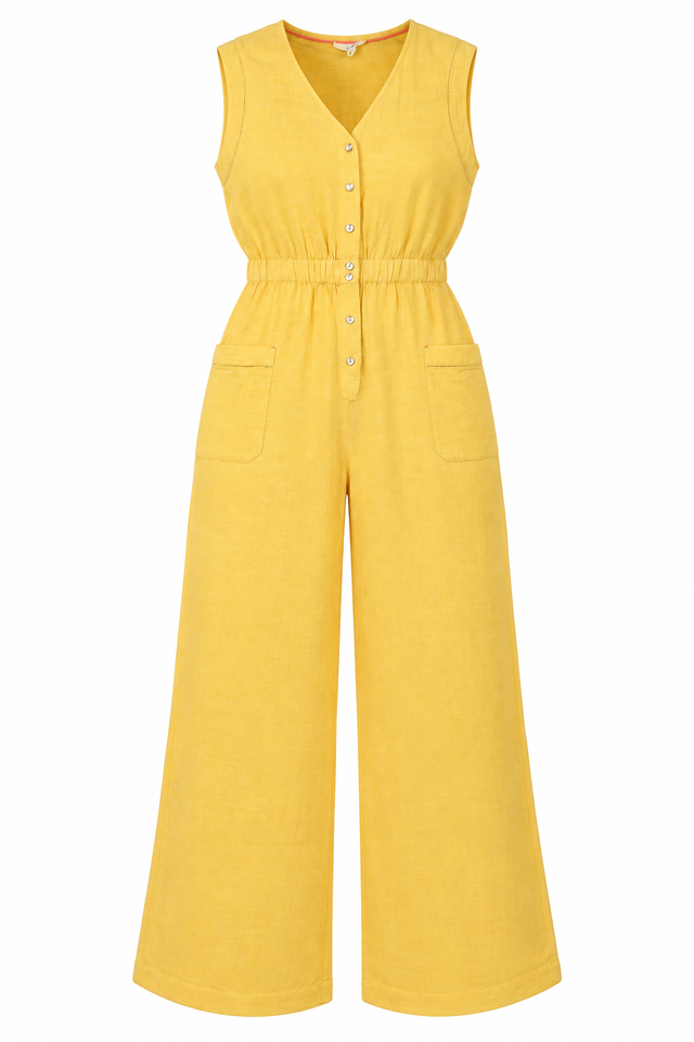 Jumpsuit Sleeveless Linen Blend Button Front Pocke