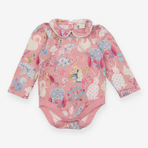 Bodysuit LS pink patchwork animals
