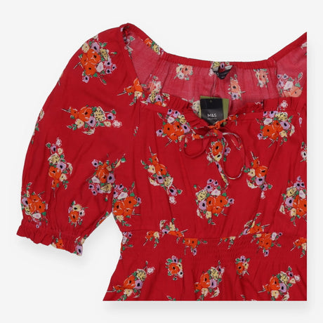 Off the Shoulder Pink Floral Dress with Puff Sleev