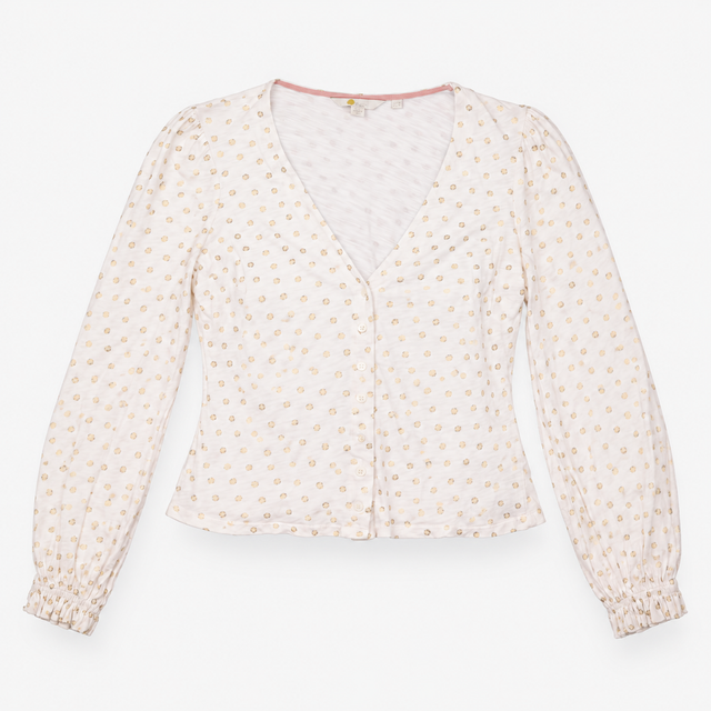 Gold Metallic Polka Dot V-Neck Jersey Top White