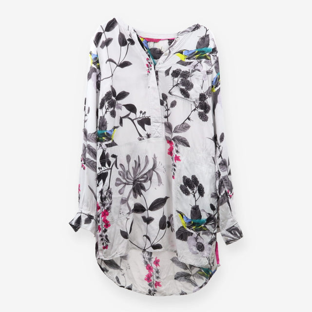 Joules Floral Bird Print Collarless Tunic Shirt Dr