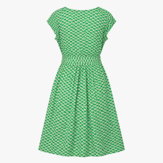 Dress Green White Leaf Print Short Sleeve Midi