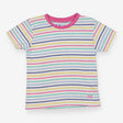 Tee SS white small coloured stripes pink neck