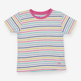 Tee SS white small coloured stripes pink neck