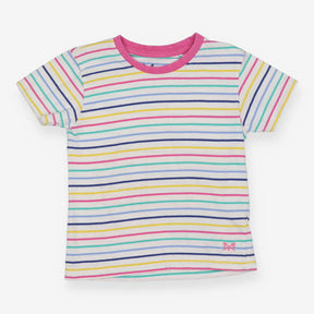 Tee SS white small coloured stripes pink neck