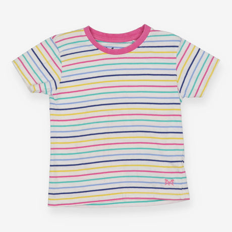 Tee SS white small coloured stripes pink neck