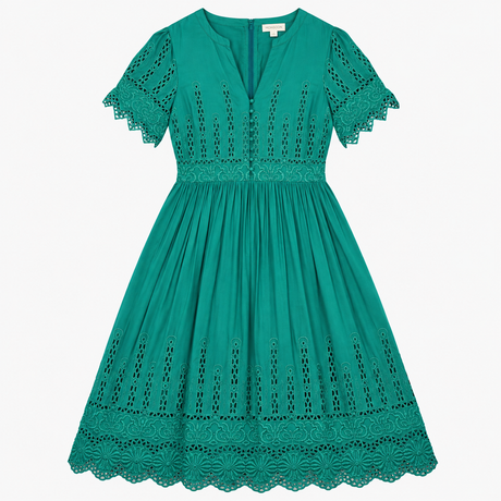 Midi Dress Emerald Green Embroidered Lace