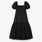 Midi Tiered Dress Broderie Square Neck Black