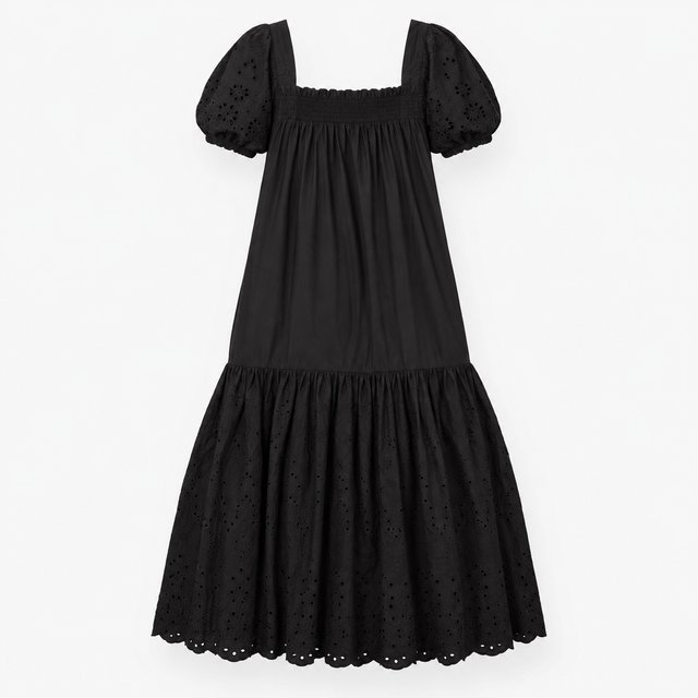 Midi Tiered Dress Broderie Square Neck Black