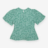 Green Floral Flutter Sleeve Top with Gathered Wais