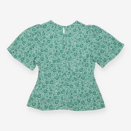 Green Floral Flutter Sleeve Top with Gathered Wais