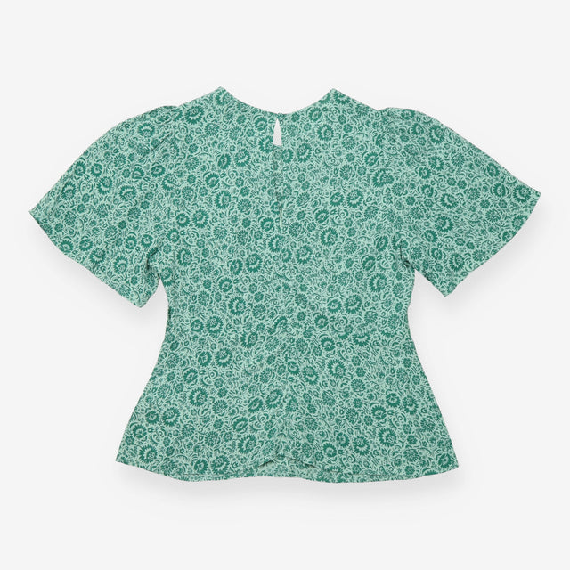 Green Floral Flutter Sleeve Top with Gathered Wais