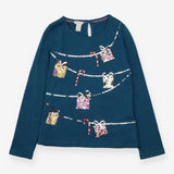 Tee LS blue festive sequin presents