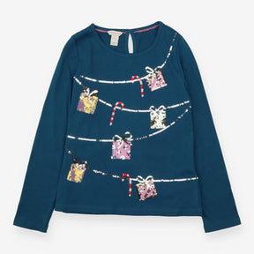 Tee LS blue festive sequin presents