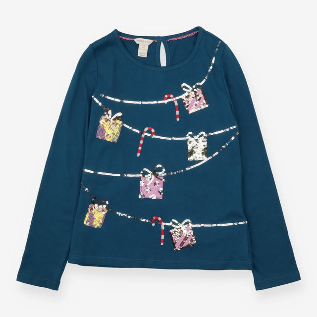 Tee LS blue festive sequin presents