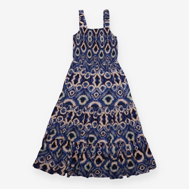 Dress Sleeveless Tiered Blue Abstract