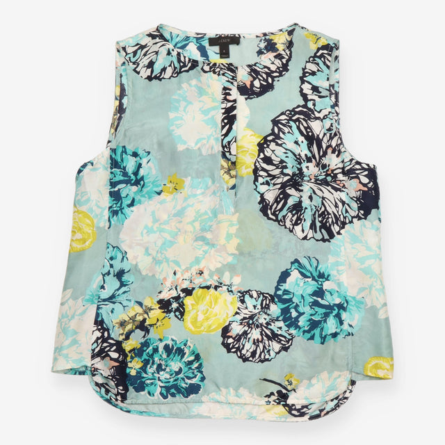 Shell Top Aquatic Floral Silk Sleeveless Button Pl