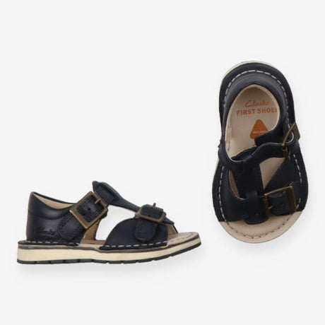 Navy sandals with brass buckle