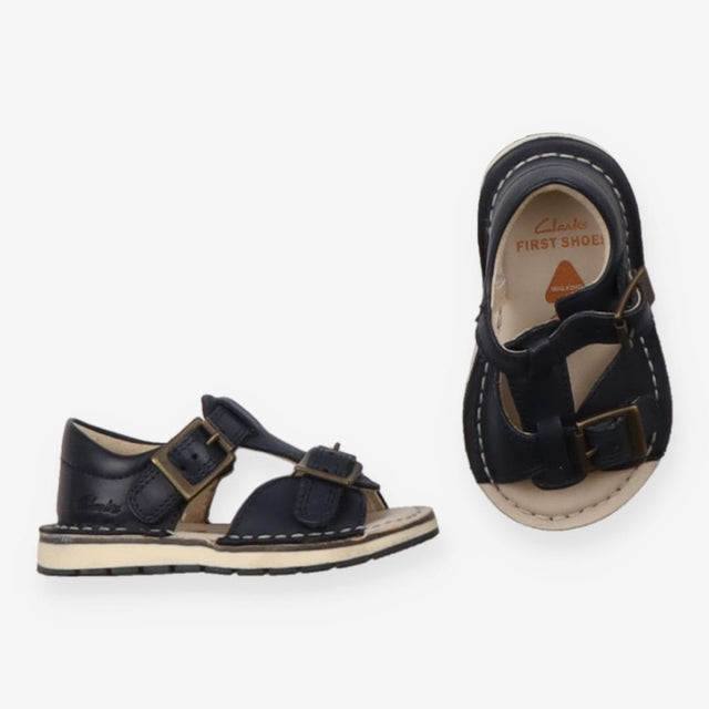 Navy sandals with brass buckle