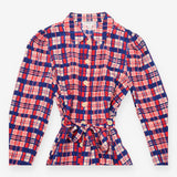 Dress 100% Silk Plaid Shirt Belted Midi Blue Pink