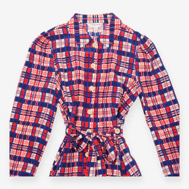 Dress 100% Silk Plaid Shirt Belted Midi Blue Pink