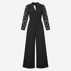 Black V Neck Wrap Front Semi Sheer Lace Long Sleev