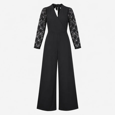 Black V Neck Wrap Front Semi Sheer Lace Long Sleev