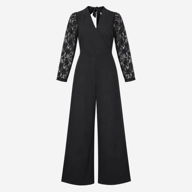 Black V Neck Wrap Front Semi Sheer Lace Long Sleev