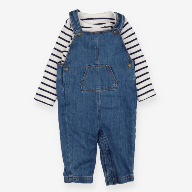 Denim dungaree outfit with navy stripe long sleeve