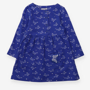 Jersey Dress Blue with White Butterflies and Flowe