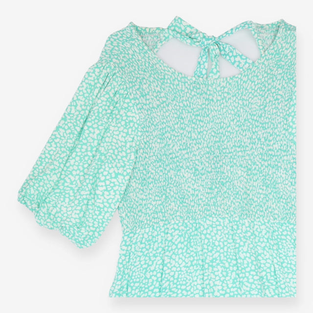 Midi Dress Smocked Puff Sleeve Mint Green Printed