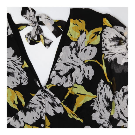 Midi Chiffon Dress – Black & Yellow Floral, V‑Neck