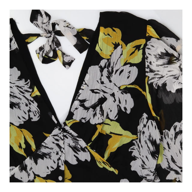 Midi Chiffon Dress – Black & Yellow Floral, V‑Neck