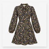 Dress Black Floral Tie Neck Long Sleeve Midi