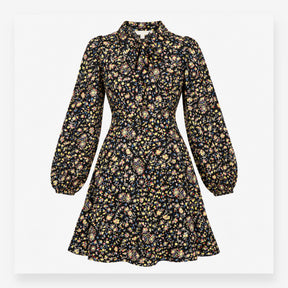 Dress Black Floral Tie Neck Long Sleeve Midi