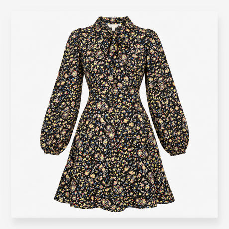 Dress Black Floral Tie Neck Long Sleeve Midi