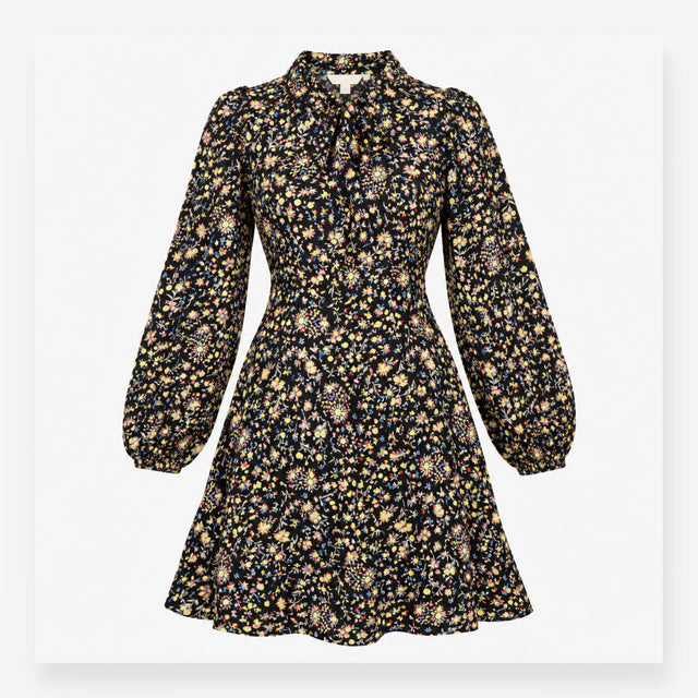 Dress Black Floral Tie Neck Long Sleeve Midi