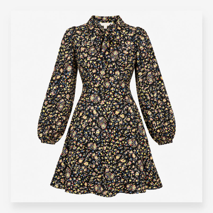 Dress Black Floral Tie Neck Long Sleeve Midi