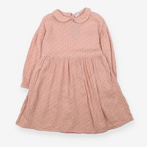 Long sleeve pink collared dress with plum spots