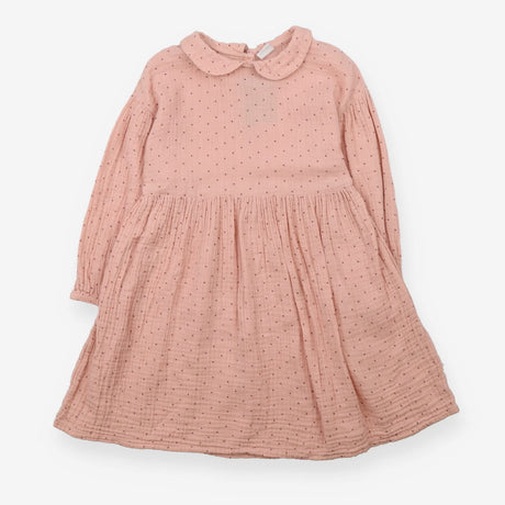 Long sleeve pink collared dress with plum spots