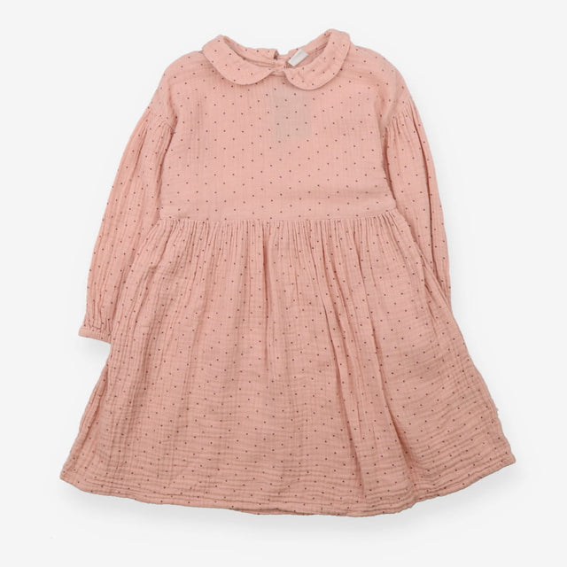 Long sleeve pink collared dress with plum spots
