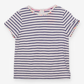 White and blue stripe pompom t-shirt