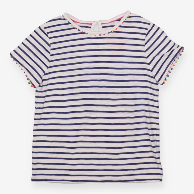 White and blue stripe pompom t-shirt