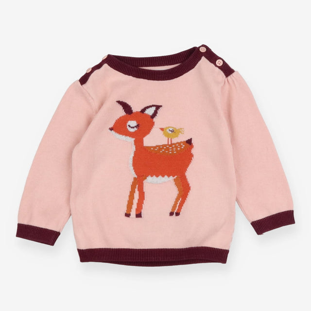 Pink deer jumper with burgundy trim