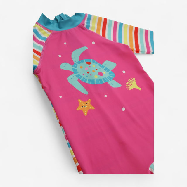 Sunsuit Pink Rainbow Striped Sleeves with Turtle P