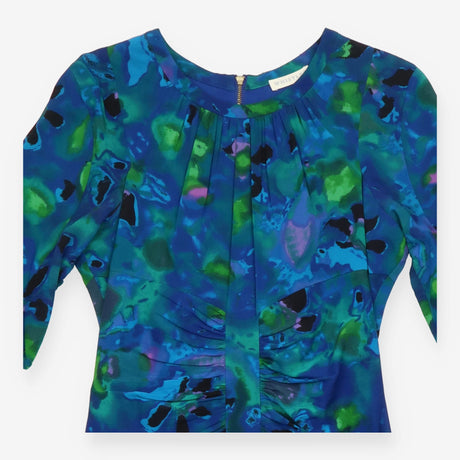 Silk Midi Dress with Blue Abstract Print and Front